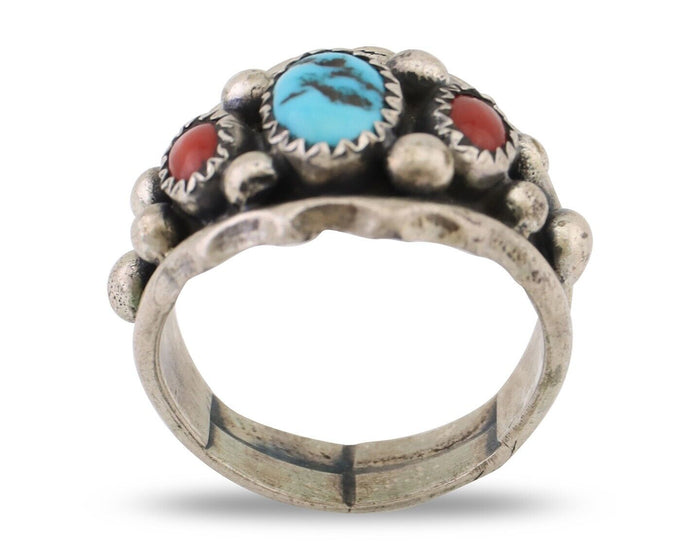 Navajo Ring 925 Silver Coral Turquoise Artist Signed Ella Cowboy C.80's
