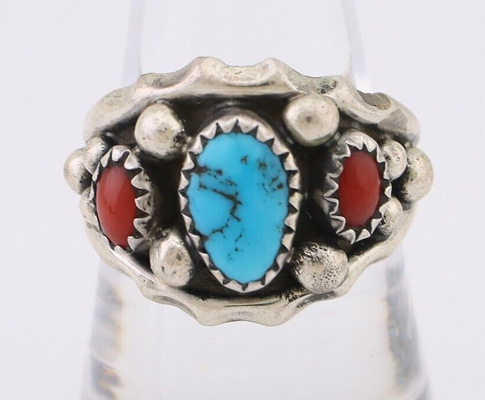 Navajo Ring 925 Silver Coral Turquoise Artist Signed Ella Cowboy C.80's