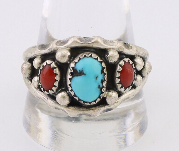 Navajo Ring 925 Silver Coral Turquoise Artist Signed Ella Cowboy C.80's