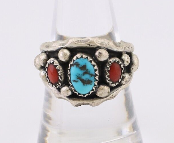 Navajo Ring 925 Silver Coral Turquoise Artist Signed Ella Cowboy C.80's