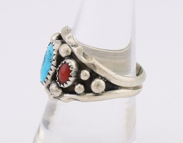 Navajo Ring 925 Silver Coral Turquoise Artist Signed Ella Cowboy C.80's