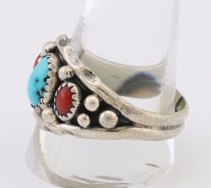 Navajo Ring 925 Silver Coral Turquoise Artist Signed Ella Cowboy C.80's