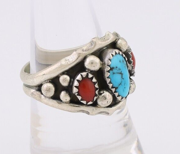 Navajo Ring 925 Silver Coral Turquoise Artist Signed Ella Cowboy C.80's