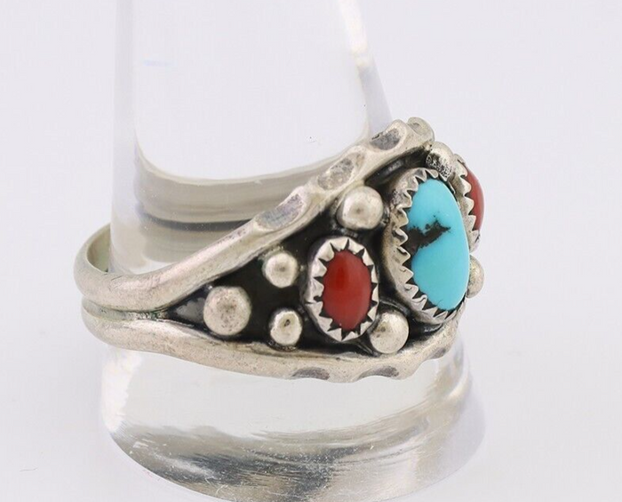 Navajo Ring 925 Silver Coral Turquoise Artist Signed Ella Cowboy C.80's