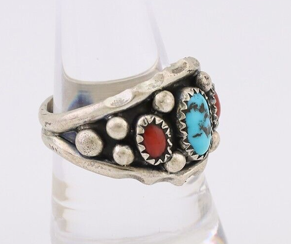 Navajo Ring 925 Silver Coral Turquoise Artist Signed Ella Cowboy C.80's
