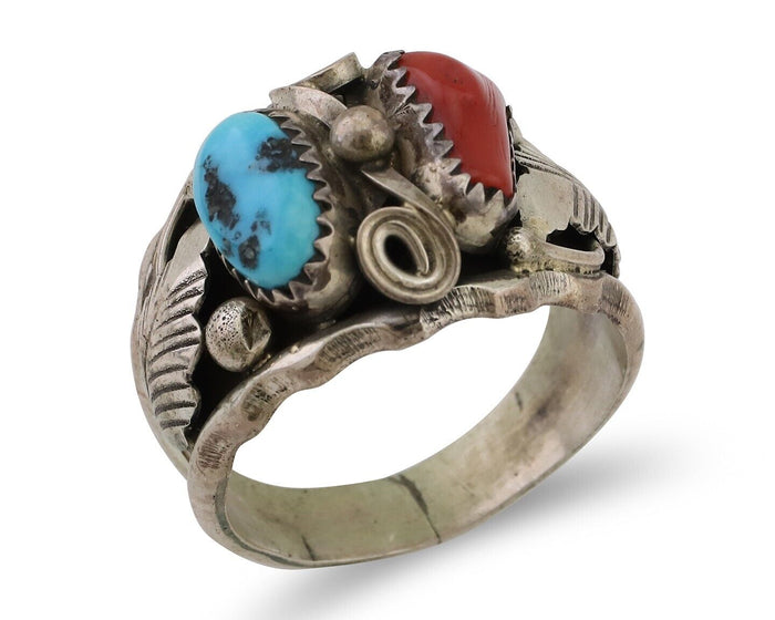 Navajo Ring 925 Silver Coral Turquoise Artist Signed Max Calabaza C.80's