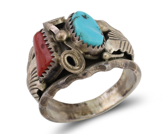Navajo Ring 925 Silver Coral Turquoise Artist Signed Max Calabaza C.80's