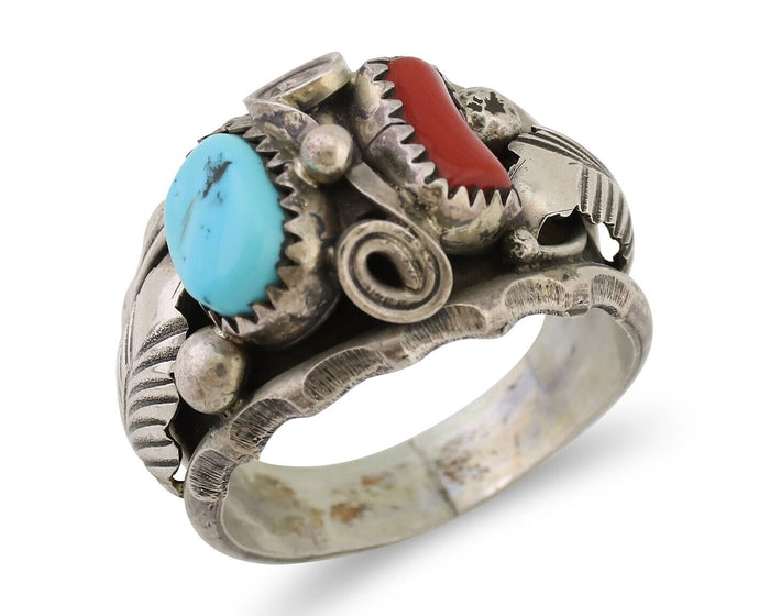 Navajo Ring 925 Silver Coral Turquoise Artist Signed Max Calabaza C.80's