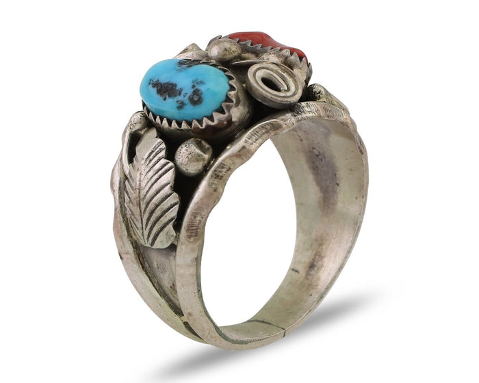 Navajo Ring 925 Silver Coral Turquoise Artist Signed Max Calabaza C.80's