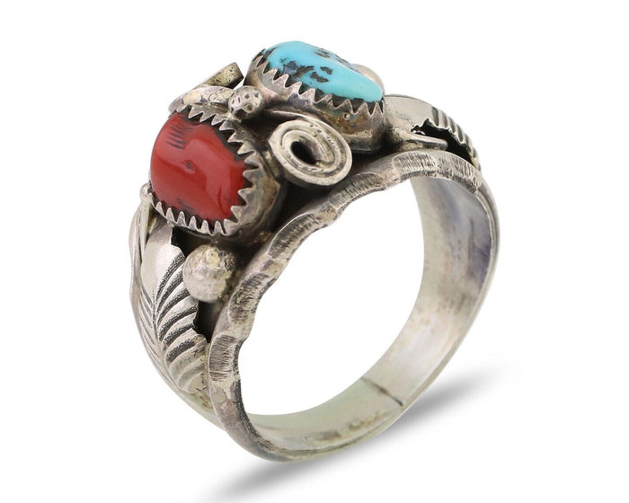 Navajo Ring 925 Silver Coral Turquoise Artist Signed Max Calabaza C.80's