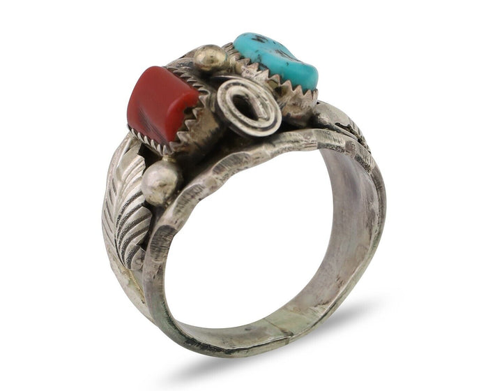 Navajo Ring 925 Silver Coral Turquoise Artist Signed Max Calabaza C.80's