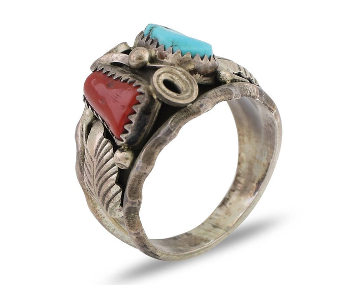 Navajo Ring 925 Silver Coral Turquoise Artist Signed Max Calabaza C.80's