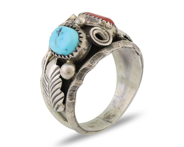 Navajo Ring 925 Silver Coral Turquoise Artist Signed Max Calabaza C.80's