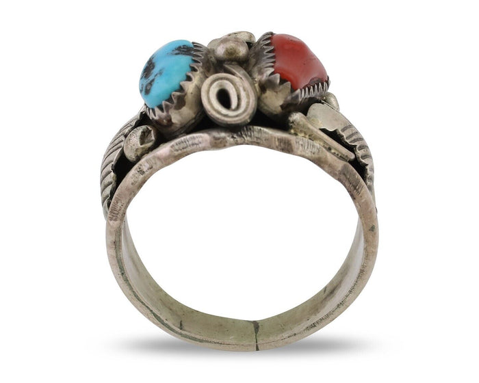 Navajo Ring 925 Silver Coral Turquoise Artist Signed Max Calabaza C.80's