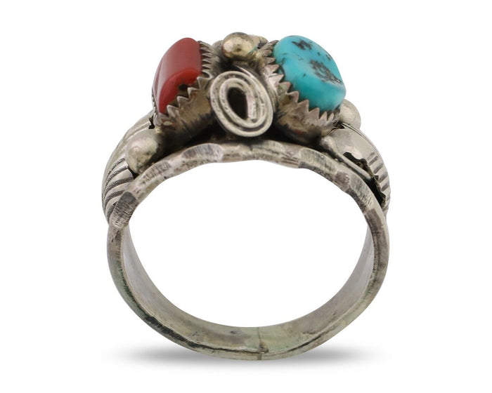 Navajo Ring 925 Silver Coral Turquoise Artist Signed Max Calabaza C.80's