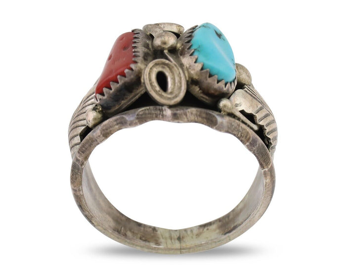 Navajo Ring 925 Silver Coral Turquoise Artist Signed Max Calabaza C.80's