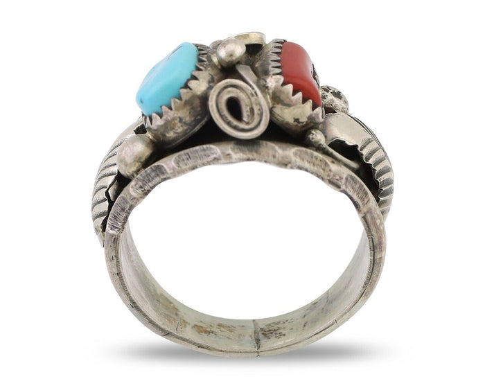 Navajo Ring 925 Silver Coral Turquoise Artist Signed Max Calabaza C.80's