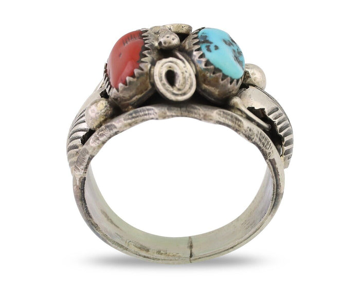 Navajo Ring 925 Silver Coral Turquoise Artist Signed Max Calabaza C.80's