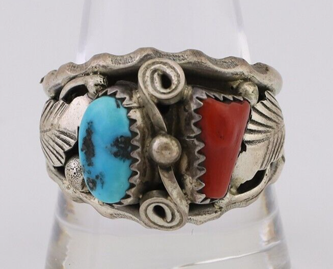 Navajo Ring 925 Silver Coral Turquoise Artist Signed Max Calabaza C.80's