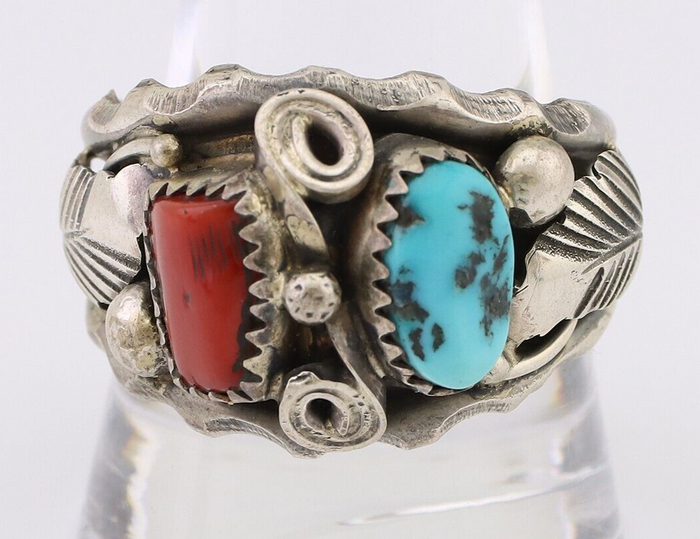 Navajo Ring 925 Silver Coral Turquoise Artist Signed Max Calabaza C.80's