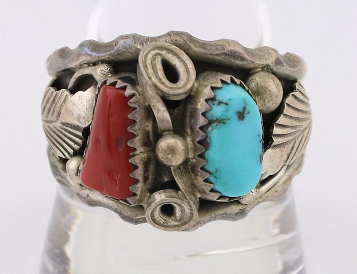 Navajo Ring 925 Silver Coral Turquoise Artist Signed Max Calabaza C.80's