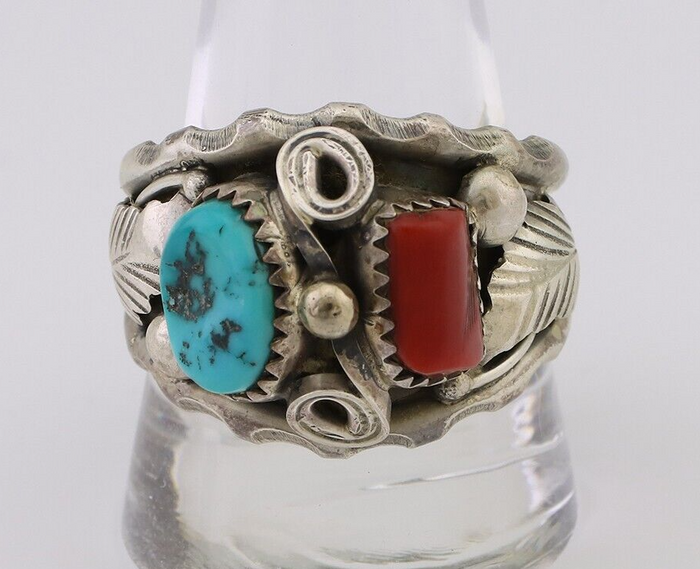 Navajo Ring 925 Silver Coral Turquoise Artist Signed Max Calabaza C.80's