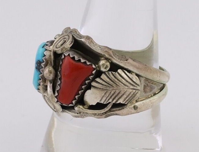 Navajo Ring 925 Silver Coral Turquoise Artist Signed Max Calabaza C.80's