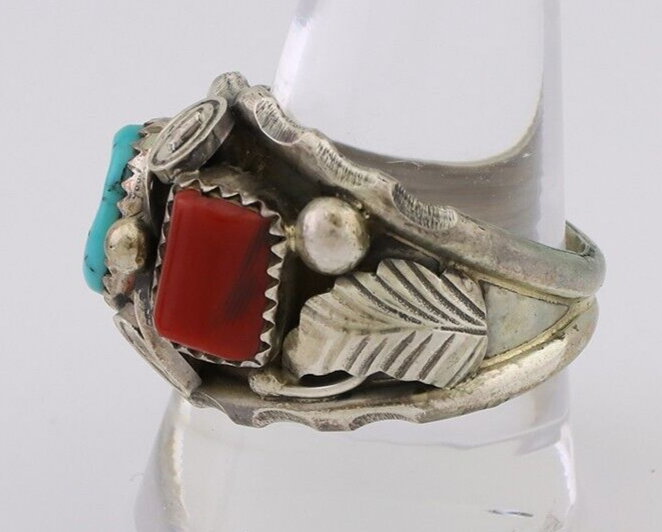 Navajo Ring 925 Silver Coral Turquoise Artist Signed Max Calabaza C.80's