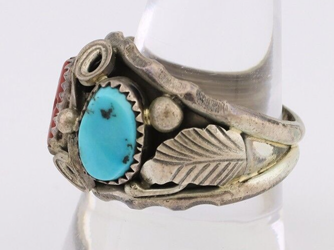 Navajo Ring 925 Silver Coral Turquoise Artist Signed Max Calabaza C.80's