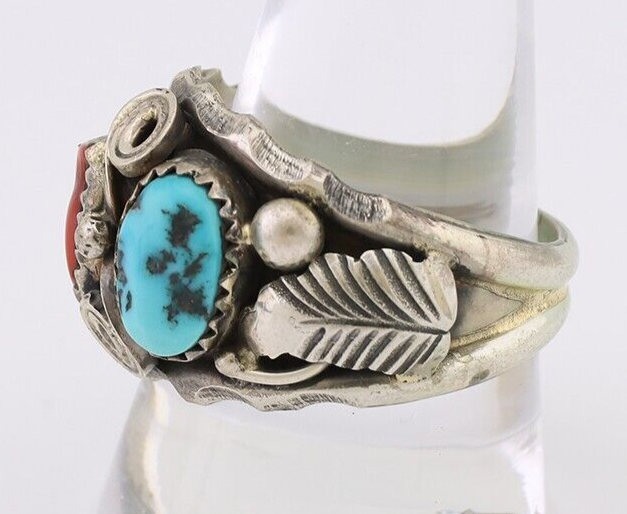Navajo Ring 925 Silver Coral Turquoise Artist Signed Max Calabaza C.80's