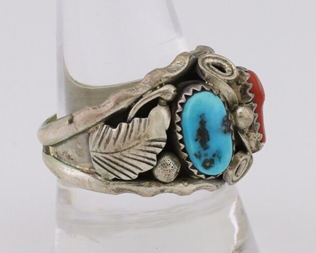 Navajo Ring 925 Silver Coral Turquoise Artist Signed Max Calabaza C.80's
