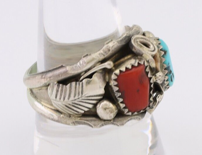 Navajo Ring 925 Silver Coral Turquoise Artist Signed Max Calabaza C.80's