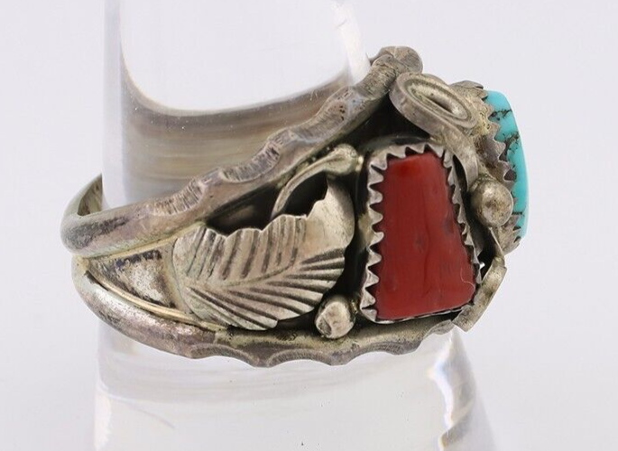 Navajo Ring 925 Silver Coral Turquoise Artist Signed Max Calabaza C.80's