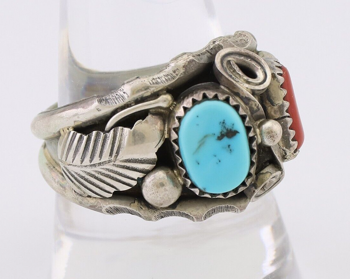 Navajo Ring 925 Silver Coral Turquoise Artist Signed Max Calabaza C.80's