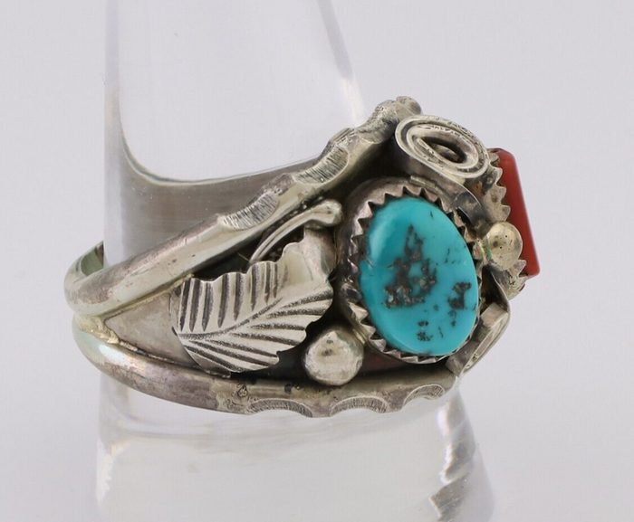 Navajo Ring 925 Silver Coral Turquoise Artist Signed Max Calabaza C.80's