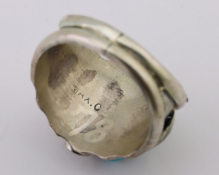 Navajo Ring 925 Silver Coral Turquoise Artist Signed Max Calabaza C.80's