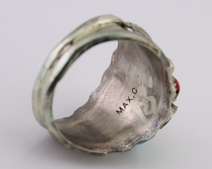 Navajo Ring 925 Silver Coral Turquoise Artist Signed Max Calabaza C.80's