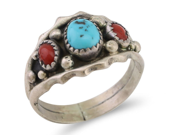 Navajo Ring 925 Silver Coral Turquoise Artist Signed SC C.80's