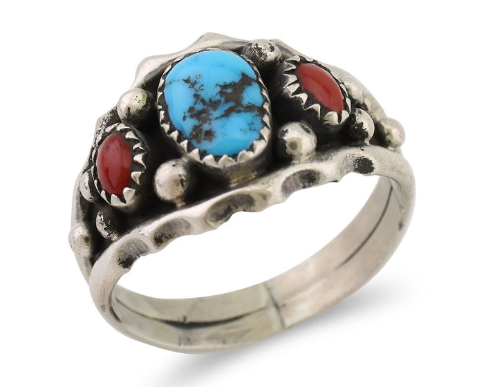 Navajo Ring 925 Silver Coral Turquoise Artist Signed SC C.80's