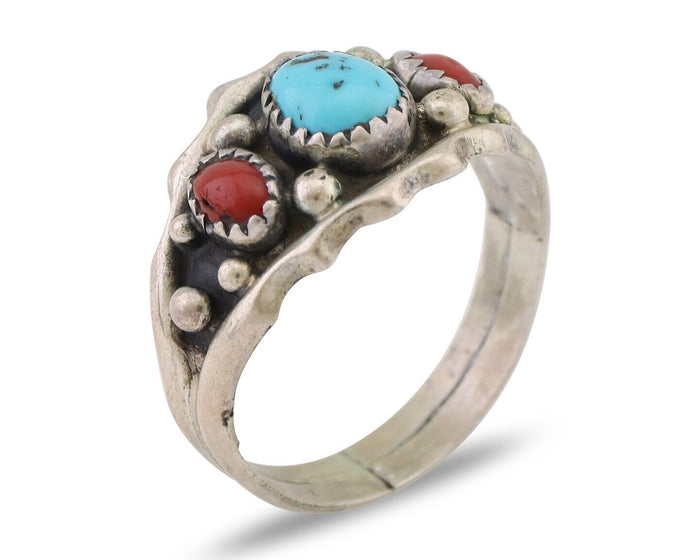 Navajo Ring 925 Silver Coral Turquoise Artist Signed SC C.80's