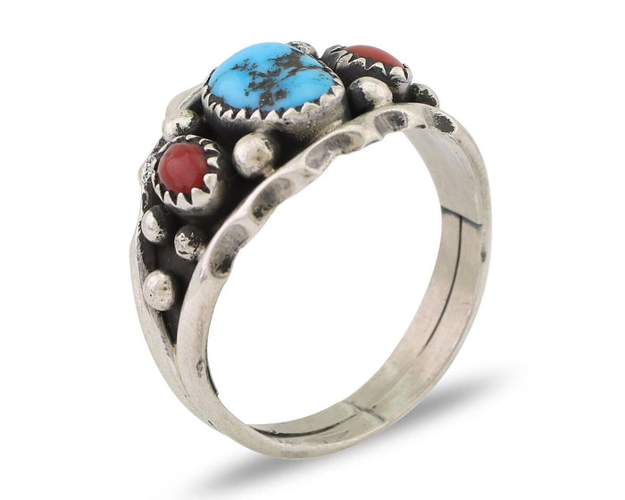 Navajo Ring 925 Silver Coral Turquoise Artist Signed SC C.80's