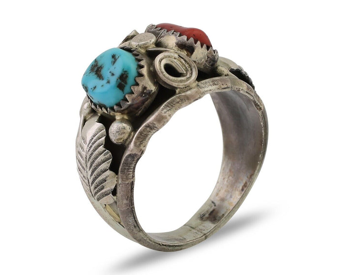 Navajo Ring 925 Silver Coral Turquoise Artist Signed SC C.80's