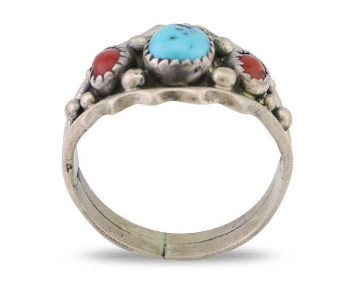 Navajo Ring 925 Silver Coral Turquoise Artist Signed SC C.80's