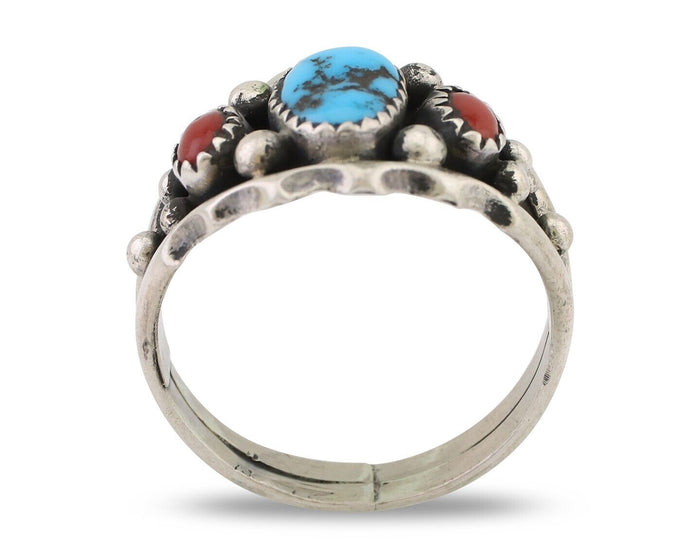 Navajo Ring 925 Silver Coral Turquoise Artist Signed SC C.80's
