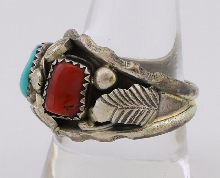 Navajo Ring 925 Silver Coral Turquoise Artist Signed SC C.80's