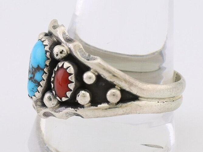 Navajo Ring 925 Silver Coral Turquoise Artist Signed SC C.80's