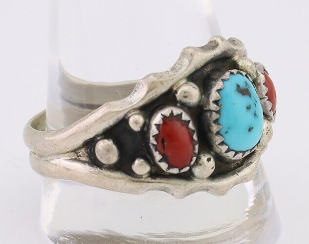 Navajo Ring 925 Silver Coral Turquoise Artist Signed SC C.80's