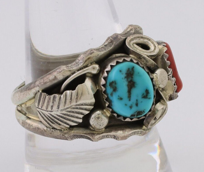 Navajo Ring 925 Silver Coral Turquoise Artist Signed SC C.80's