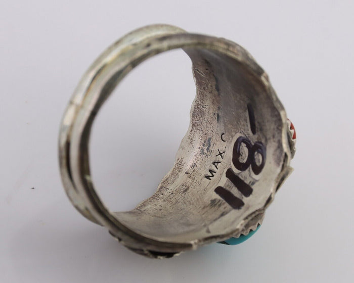 Navajo Ring 925 Silver Coral Turquoise Artist Signed SC C.80's