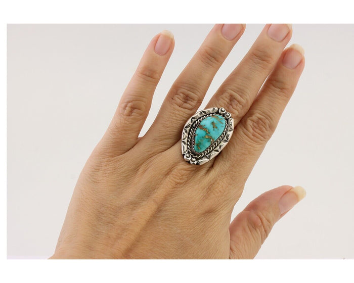 Navajo Ring 925 Silver Gem Blue Turquoise Native American Artist C.80's